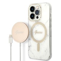 Guess iPhone 14 Pro Max SET MagSafe Charger + Marble Cover Case White