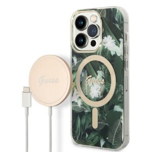 Guess iPhone 14 Pro SET MagSafe Ladegerät + Jungle Hülle Case Grün