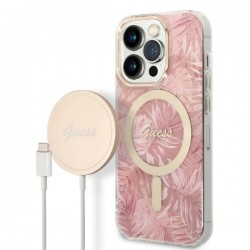 Guess iPhone 14 Pro Max SET MagSafe Ladegerät + Jungle Hülle Case Rosa Pink