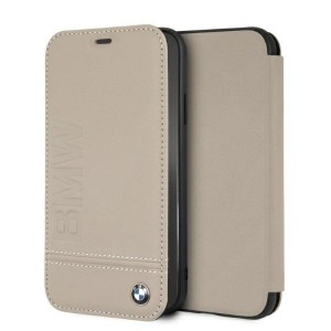 BMW iPhone XR Leather Case Book Signature Logo Imprint Beige