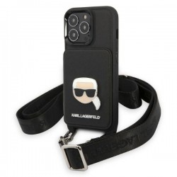 Karl Lagerfeld iPhone 13 Pro Max Case Saffiano Metal Head 3D Card Slot Black