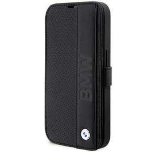 BMW iPhone 14 Pro Book Case Real Leather Textured Stripe Black