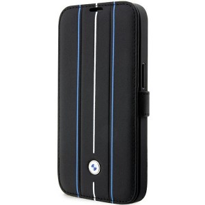 BMW iPhone 14 Pro Case Book Case Real Leather Stamp Lines Black