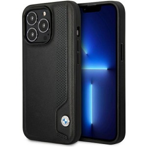 BMW iPhone 14 Pro Case Cover Real Leather Blue Dots Black