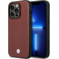 BMW iPhone 14 Pro Case Cover Diamond Pattern Genuine Leather Red