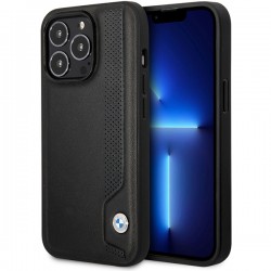 BMW iPhone 14 Pro Max Case Cover Real Leather Blue Dots Black