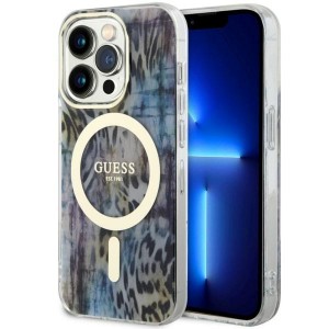 Guess iPhone 14 Pro Hülle Case Cover MagSafe Leopard Blau