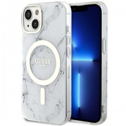 Guess iPhone 14 Plus / 15 Plus Hülle Case Cover MagSafe Marmor Weiß