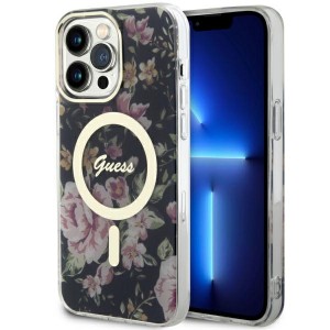 Guess iPhone 14 Pro Max Hülle Case Cover MagSafe Flower Schwarz