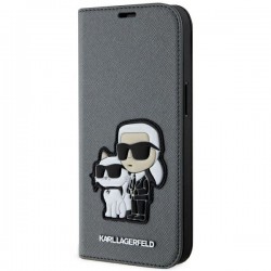 Karl Lagerfeld iPhone 14 Tasche Book Case Saffiano Karl Choupette Silber