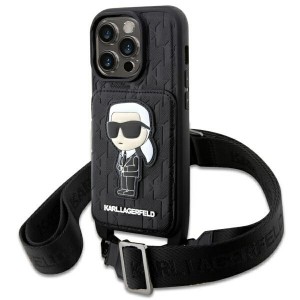 Karl Lagerfeld iPhone 14 Pro Case Crossbody Ikonik Strap Card Slot Black