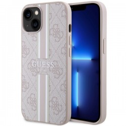 Guess iPhone 14 / 15 / 13 Hülle Case Cover MagSafe 4G Printed Stripes Rosa Pink