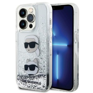 Karl Lagerfeld iPhone 14 Pro Hülle Case Liquid Glitter Karl Choupette Kopf Silber