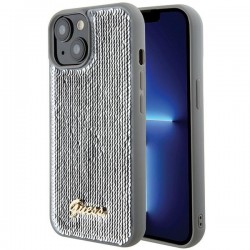 Guess iPhone 15 Hülle Case Cover Sequin Script Metal Silber