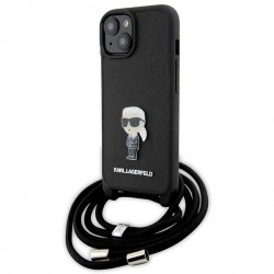 Karl Lagerfeld iPhone 15 Hülle Case Saffiano Karl Metal Pin Crossbody Schwarz