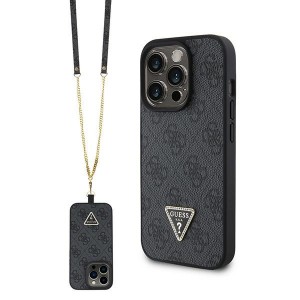 Guess iPhone 15 Pro Case Cover 4G Logo Strap Chain Black