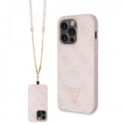 Guess iPhone 15 Pro Hülle Case Cover 4G Logo Strap Kette Rosa Pink