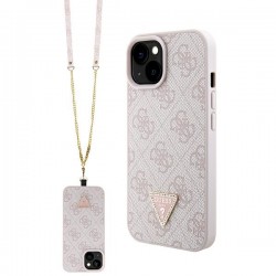 Guess iPhone 15 Hülle Case Cover 4G Logo Strap Kette Rosa Pink