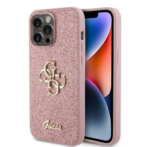 Guess iPhone 15 Pro Hülle Case Cover Glitter Big Metal Logo 4G Rosa Pink