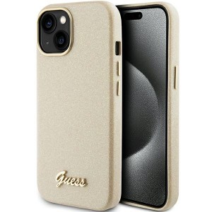Guess iPhone 15 Hülle Case Cover Glitter Glossy Script Gold