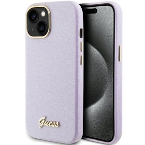 Guess iPhone 15 Hülle Case Cover Glitter Glossy Script Lila