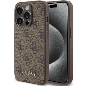 Guess iPhone 15 Pro Hülle Case Cover 4G Metal Gold Logo Braun