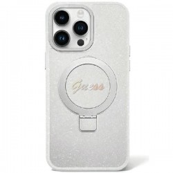 Guess iPhone 15 Plus Case Ring Stand Magsafe Glitter Transparent