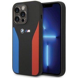 BMW iPhone 15 Pro Case Cover Blue Red Stripes M Silicone Black