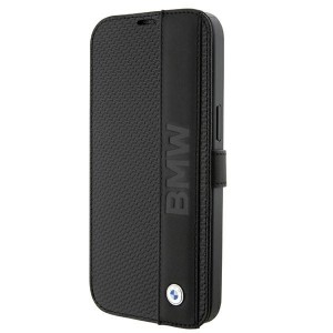 BMW iPhone 15 Book Case Cover Genuine Leather Textured Stripe Black