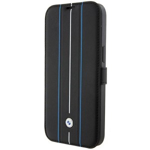 BMW iPhone 15 Pro Max Book Case Genuine Leather Stamp Lines Black