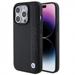 BMW iPhone 15 Pro Max Case Genuine Leather Textured Stripe Black