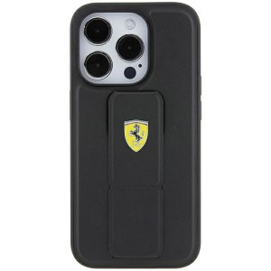 Ferrari iPhone 15 Case Cover Grip Stand Metal Logo Black