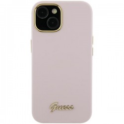 Guess iPhone 15 Pro Hülle Case Silikon Metall Logo Rosa