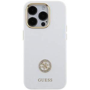 Guess iPhone 15 Hülle Case Silikon 4G Strass Diamond Logo Weiß