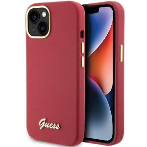 Guess iPhone 15 Hülle Case Silikon Metall Logo Rot
