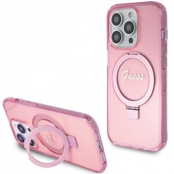 Guess iPhone 15 Pro Hülle Case Cover Ring Stand MagSafe Rosa Pink