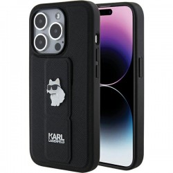 Karl Lagerfeld iPhone 15 Pro Hülle Case Grip Stand Saffiano Choupette Schwarz