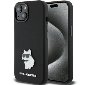Karl Lagerfeld iPhone 15 Case Silicone Choupette Metal Pin Black