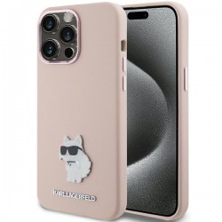 Karl Lagerfeld iPhone 15 Pro Max Case Silicone Choupette Metal Pin Pink