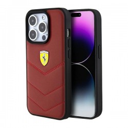 Ferrari iPhone 15 Pro Case Genuine Leather Stitched Lines Red