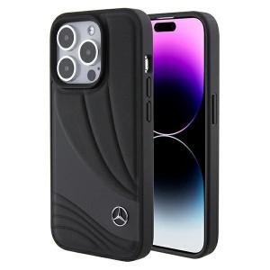 Mercedes iPhone 15 Pro Max Case Genuine Leather Wave Pattern Black