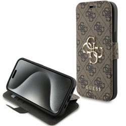 Guess iPhone 15, 14, 13 Tasche Book Case 4G Big Metal Logo Braun