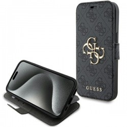 Guess iPhone 15, 14, 13 Tasche Book Case 4G Big Metal Logo Grau