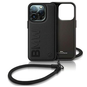 BMW iPhone 15 Pro Case Genuine Leather Strap Black
