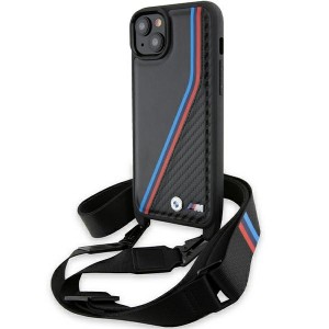 BMW iPhone 15 Plus, 14 Plus Hülle Case M Carbon Tricolor Trageband Schwarz