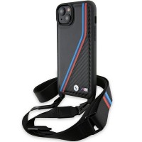 BMW iPhone 15, 14, 13 Hülle Case M Carbon Tricolor Trageband Schwarz