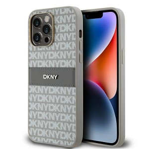 DKNY iPhone 14 Pro Case Mono Stripe Metal Logo Beige