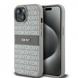 DKNY iPhone 15 Plus / 14 Plus Hülle Case Mono Stripe Metal Logo Beige