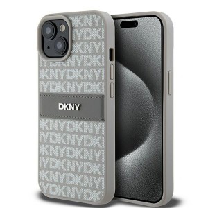 DKNY iPhone 15 Plus / 14 Plus Case Mono Stripe Metal Logo Beige