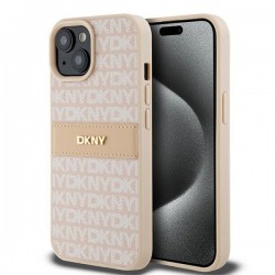 DKNY iPhone 15 Plus / 14 Plus Hülle Case Mono Stripe Metal Logo Rosa Pink